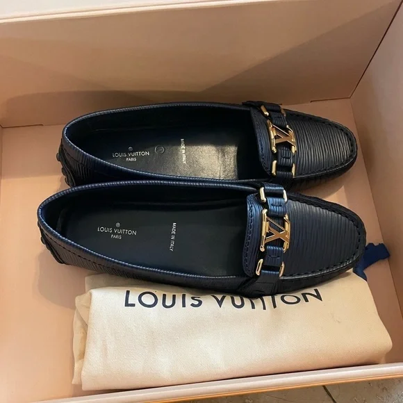 Louis Vuitton Navy Blue Loafers with Gold Accent - Picture 4 of 16